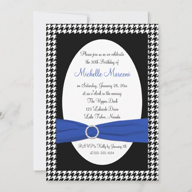 Invitation Black White Blue Houndstooth 30th Birthday Invitat (Devant)