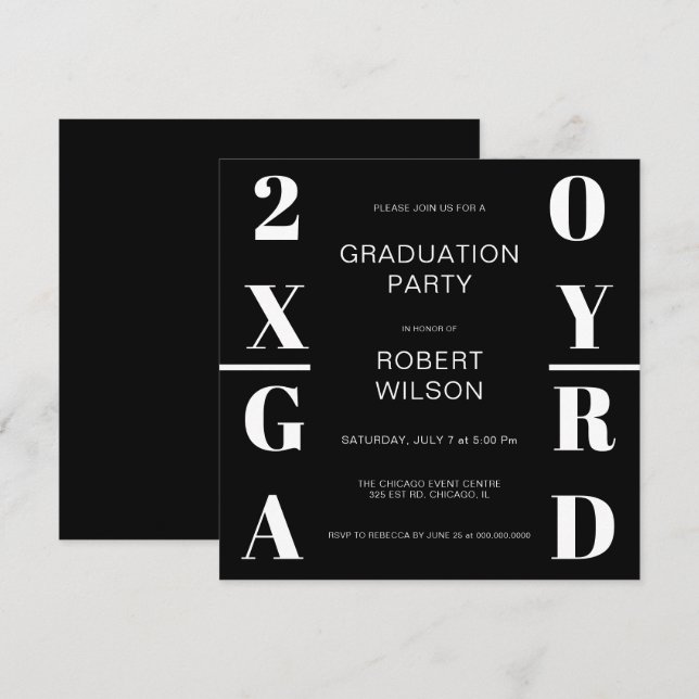 Invitation Black White Bold Typographie Graduation Party Invi (Devant / Derrière)