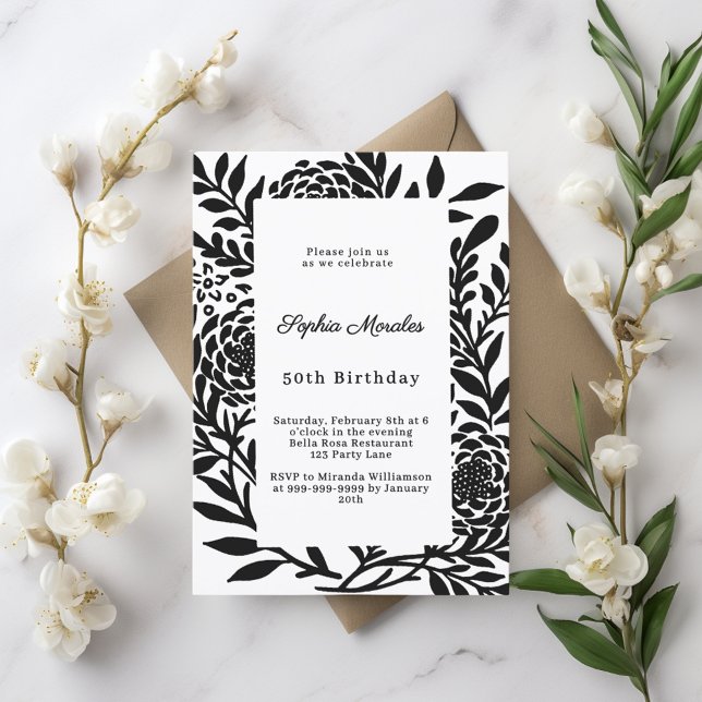 Invitation Black white botanical birthday (Créateur téléchargé)