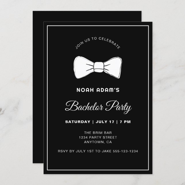 Invitation Black & White Bow Cravate moderne Bachelor Party I (Devant / Derrière)