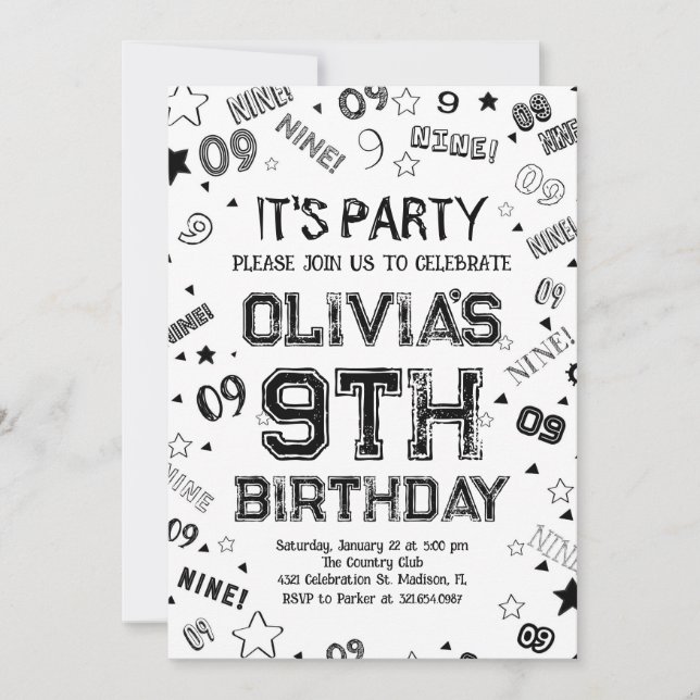 Invitation Black White Boy Numéro Neuf fête d'anniversaire (Devant)