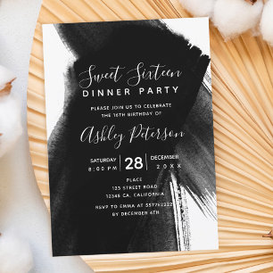 Invitation Black white brushstrokes typography Sweet 16