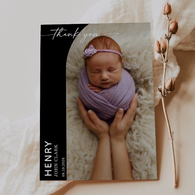 Invitation Black White Calligraphy Photo Baby Thank You Card (Créateur téléchargé)