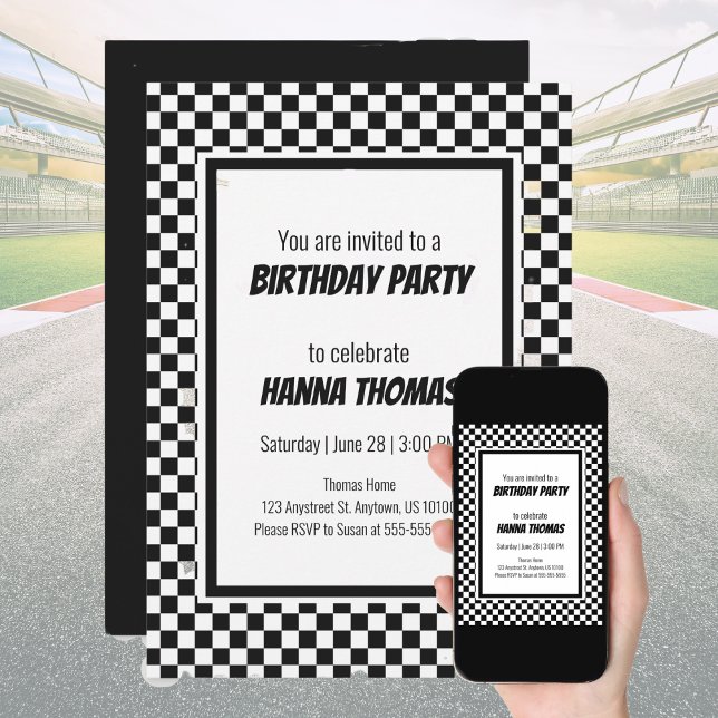 Invitation Black White Check Motif Racing thème Anniversaire (Créateur téléchargé)