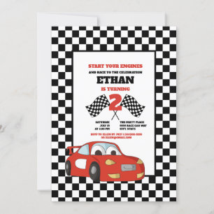 Invitation Black White Check Red Race Car 2e fête d'anniversa