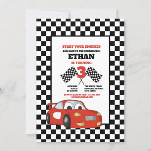 Invitation Black White Check Red Race Car 3e fête d'anniversa