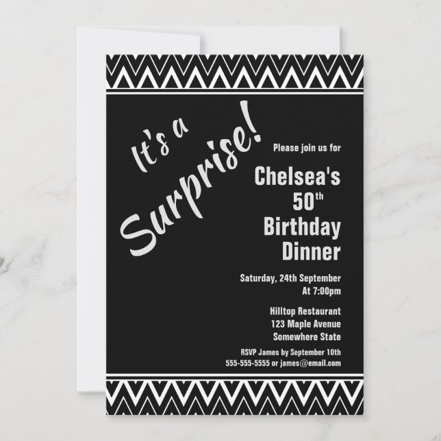 Invitation Black White Chevron Surprise Dîner 50e Anniversair (Devant)