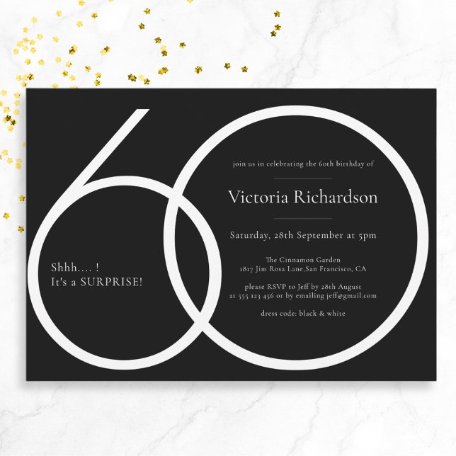 Invitation Black White Chic Minimaliste Surprise 60e annivers (Mockup View)
