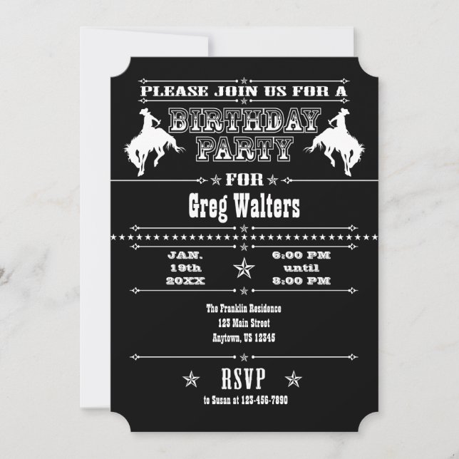 Invitation Black White Cowboy Rodeo Anniversaire Fête Invitat (Devant)