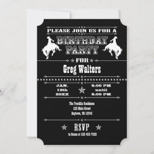 Invitation Black White Cowboy Rodeo Anniversaire Fête Invitat