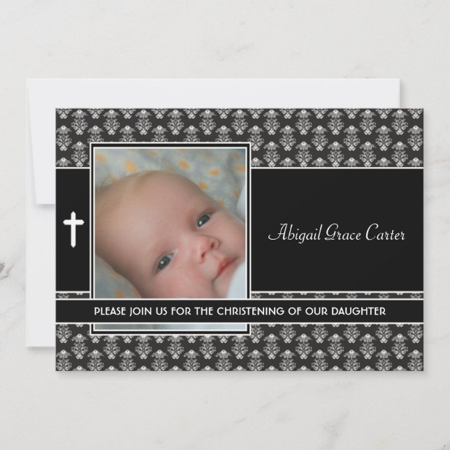 Invitation Black White Damask Baby Girl Photo Christening (Devant)