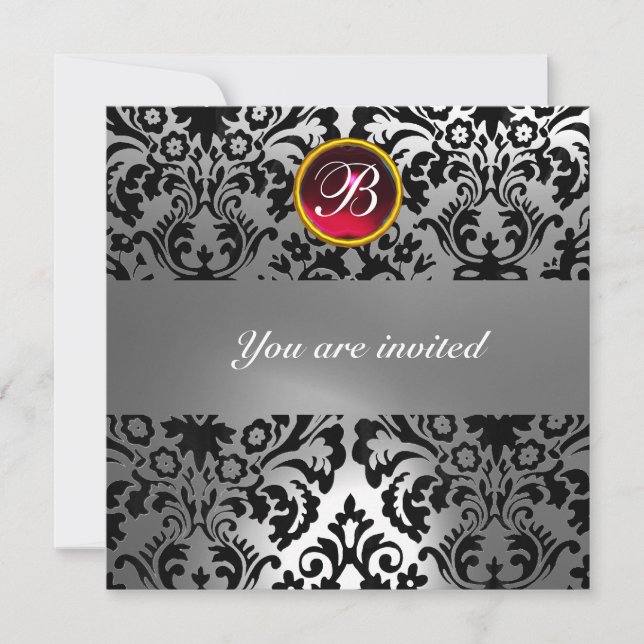 Invitation BLACK & WHITE DAMASK GEM STONE MONOGRAM rouge rubi (Devant)