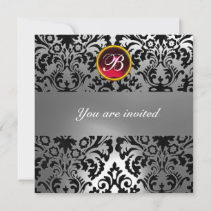 Invitation BLACK & WHITE DAMASK GEM STONE MONOGRAM rouge rubi