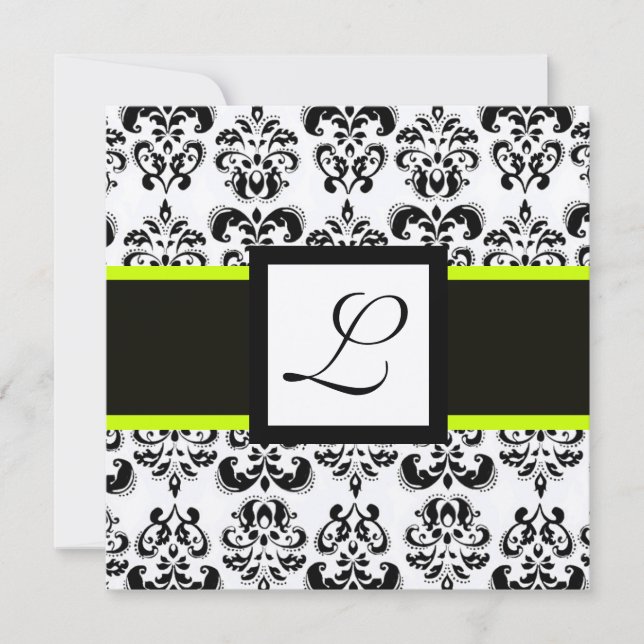 Invitation BLACK WHITE DAMASK MONOGRAM Champagne Metallic (Devant)