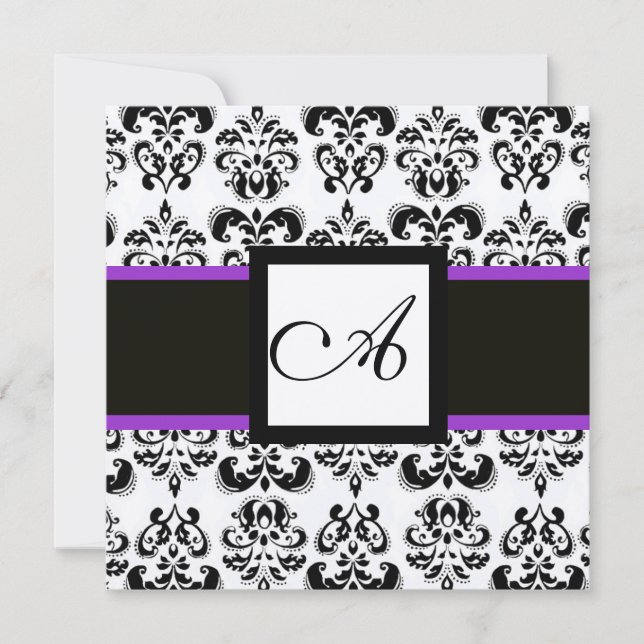 Invitation BLACK WHITE DAMASK MONOGRAM Champagne Metallic (Devant)