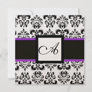 Invitation BLACK WHITE DAMASK MONOGRAM Champagne Metallic