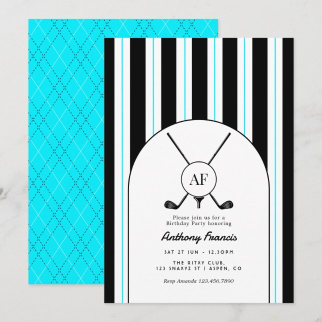 Invitation Black, White & Electric Blue Monogram Preppy Golf (Devant / Derrière)