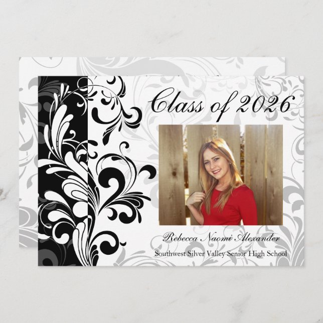 Invitation Black White Elegant Swirl Photo 2025 Graduation (Devant / Derrière)