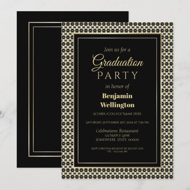 Invitation Black White et Gold Graduation Party (Devant / Derrière)