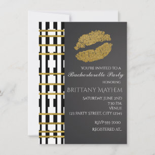 Invitation Black White & Faux Gold Beauté Lips Kiss Party
