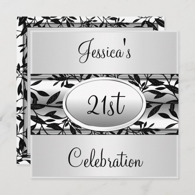 Invitation Black & White Floral 21e anniversaire (Devant / Derrière)