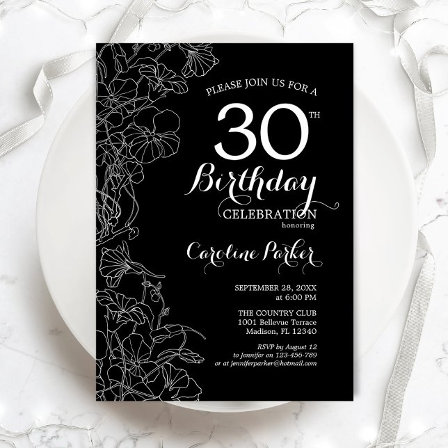 Invitation Black White Floral 30e fête d'anniversaire (Créateur téléchargé)