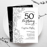 Invitation Black White Floral 50e fête d'anniversaire<br><div class="desc">Black White Floral 50th Birthday Party Invitation. Design moderne minimaliste avec accents de dessin botanique et police de script de typographie. Carte invitation simple et tendance,  parfaite pour une célébration anniversaire élégante. Peut être customisé à n'importe quel âge. Invitations Zazzle imprimées ou téléchargement instantané modèle imprimable numérique.</div>