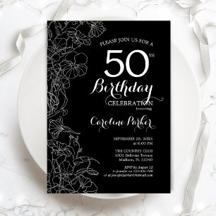 Invitation Black White Floral 50e fête d'anniversaire