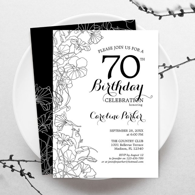 Invitation Black White Floral 70e fête d'anniversaire (Créateur téléchargé)