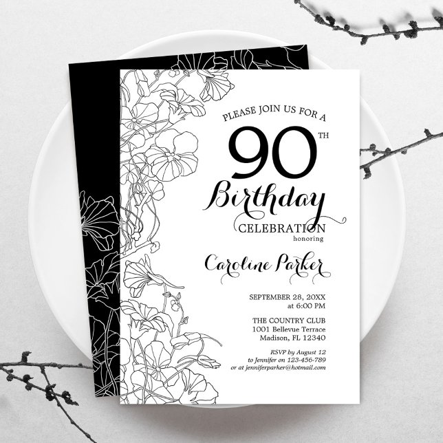 Invitation Black White Floral 90e fête d'anniversaire (Créateur téléchargé)