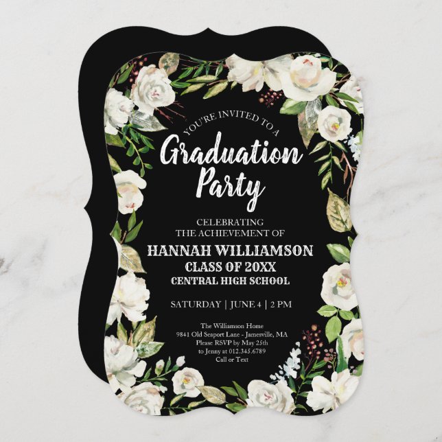 Invitation Black White Floral Classe de 2021Graduation Party (Devant / Derrière)