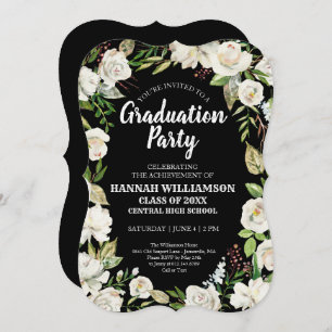 Invitation Black White Floral Classe de 2021Graduation Party