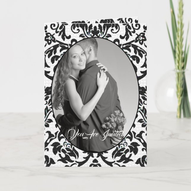 Invitation Black & White Floral Damask Photo Bi-fold Mariage (Devant)