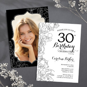 Invitation Black White Floral Photo 30th Birthday Party