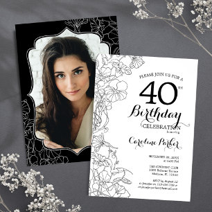 Invitation Black White Floral Photo 40th Birthday Party