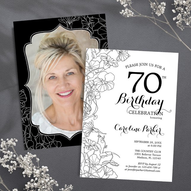 Invitation Black White Floral Photo 70th Birthday Party (Créateur téléchargé)