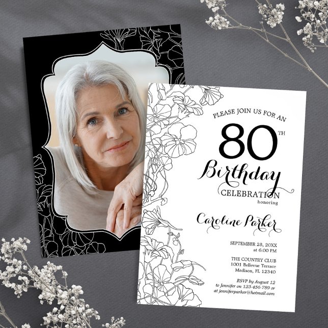 Invitation Black White Floral Photo 80th Birthday Party (Créateur téléchargé)