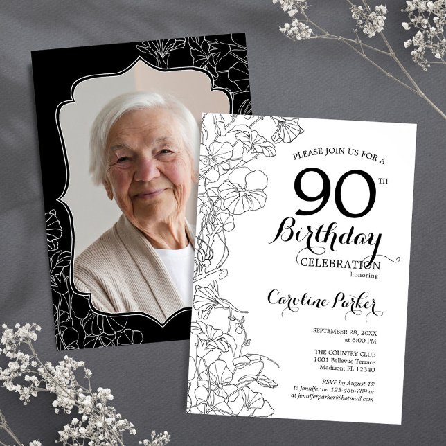 Invitation Black White Floral Photo 90th Birthday Party (Créateur téléchargé)