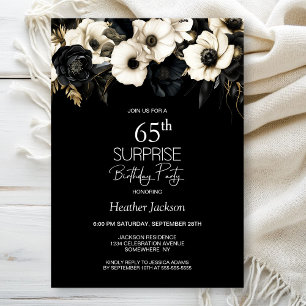 Invitation Black White Floral Surprise 65e anniversaire