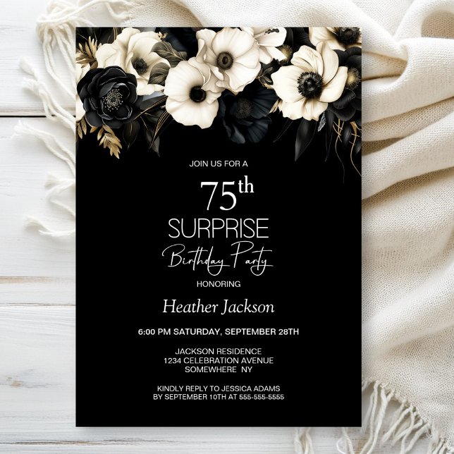 Invitation Black White Floral Surprise 75e anniversaire (Créateur téléchargé)
