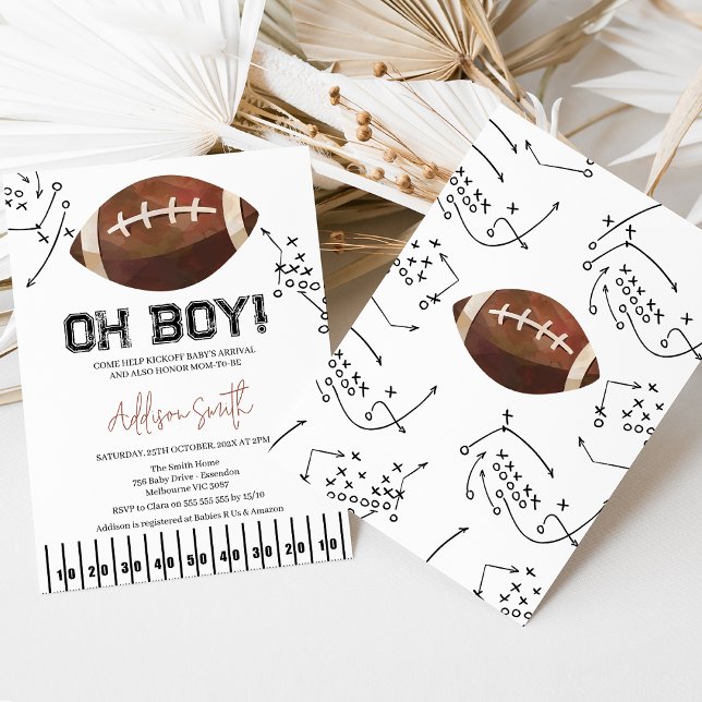 Invitation Black White Football Plays Football Baby shower (Oh boy football baby shower invitation with sidelines and football plays.)