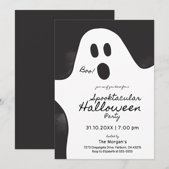 Invitation Black & White Ghost Spooktacular Halloween Party (Devant / Derrière)
