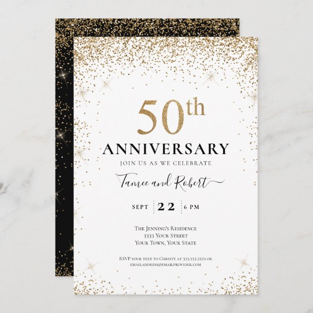 Invitation Black White Gold 50e anniversaire de Mariage (Devant / Derrière)
