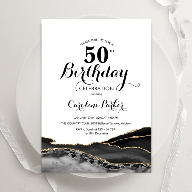Invitation Black White Gold Agate 50e anniversaire (Créateur téléchargé)