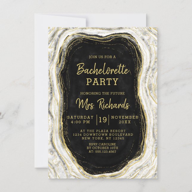 Invitation Black White & Gold Agate Geode Bachelorette Party (Devant)