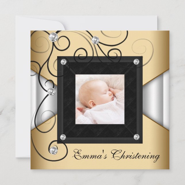 Invitation Black White Gold Baby Girl Photo Christening (Devant)