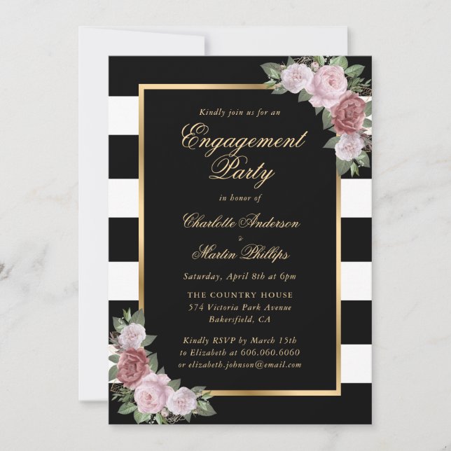 Invitation Black White Gold Blush Floral Engagement Party (Devant)