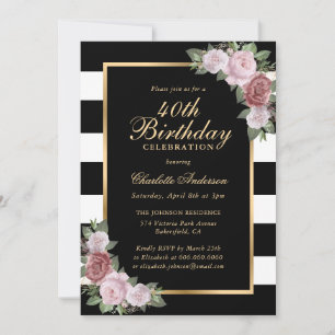 Invitation Black White Gold Blush rose Floral 40e anniversair