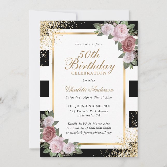 Invitation Black White Gold Blush rose Floral 50e anniversair (Devant)