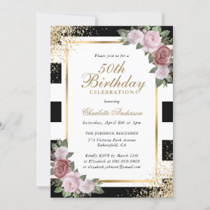 Invitation Black White Gold Blush rose Floral 50e anniversair